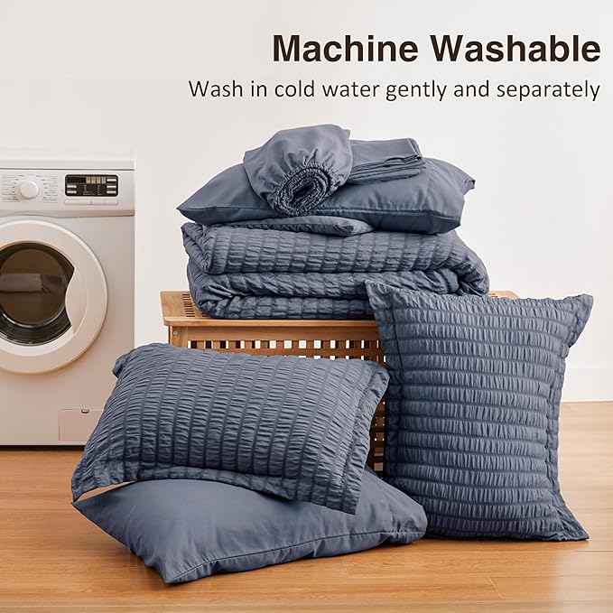 Love's cabin Seersucker Navy Blue Queen Comforter Set, 7-Piece All Season Lightweight Bed in a Bag Bedding Set with Comforter, Flat Sheet, Fitted Sheet, Pillowcases and Shams | Soft, Breathable, Lightweight