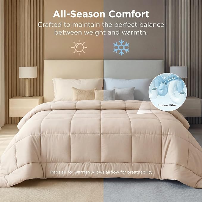 Bedsure Comforter Duvet Insert - Quilted Comforters Oversize Queen Size, All Season Duvet, GentleSoft Down Alternative Bedding, with 8 Tabs, Gifts for Women/Men, Beige, Oversize Queen 98 x 98 Inches