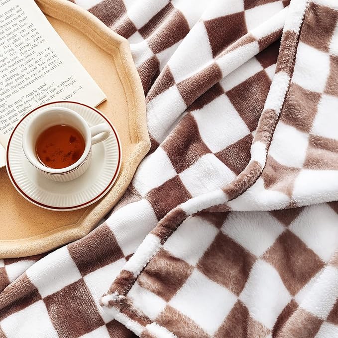 LOMAO Throw Blankets Flannel Blanket with Checkerboard Grid Pattern Soft Throw Blanket for Couch, Bed, Sofa Luxurious Warm and Cozy for All Seasons (Coffee, 60"x80")