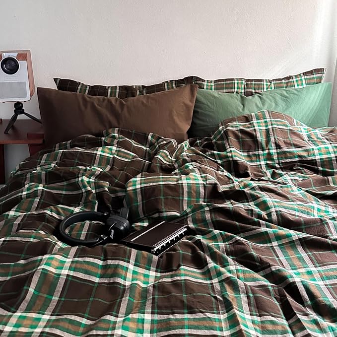 LifeTB Brown Green Plaid Comforter Set Full Size, 3 Pieces Vintage Checkered Pattern Comforter Buffalo Plaid Gingham Comforter Set with 2 Pillowcases, Soft Farmhouse Grid Bedding Set for All Seasons