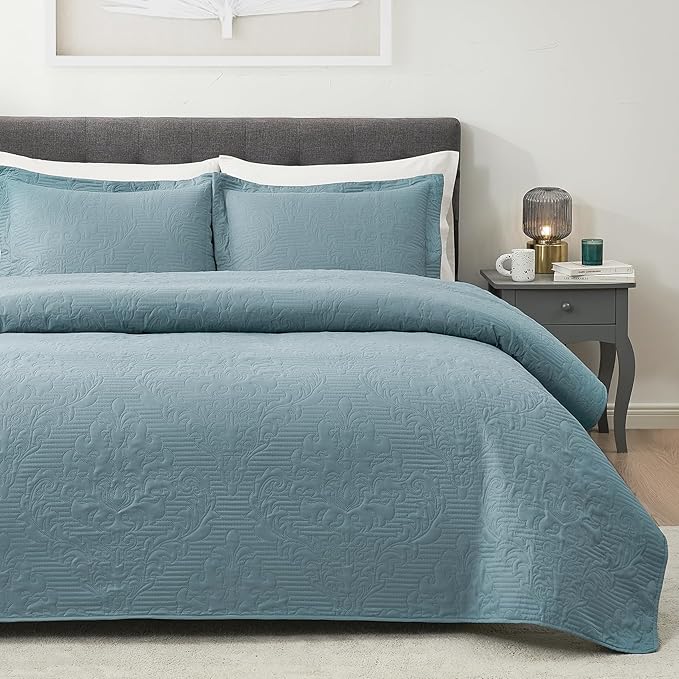 Hansleep Blue Quilt King Size - Damask Ultrasonic All Season Bedspread King, Soft Lightweight Coverlet Bedding Set, 3 Pieces (1 Quilt, 2 Pillow Shams)