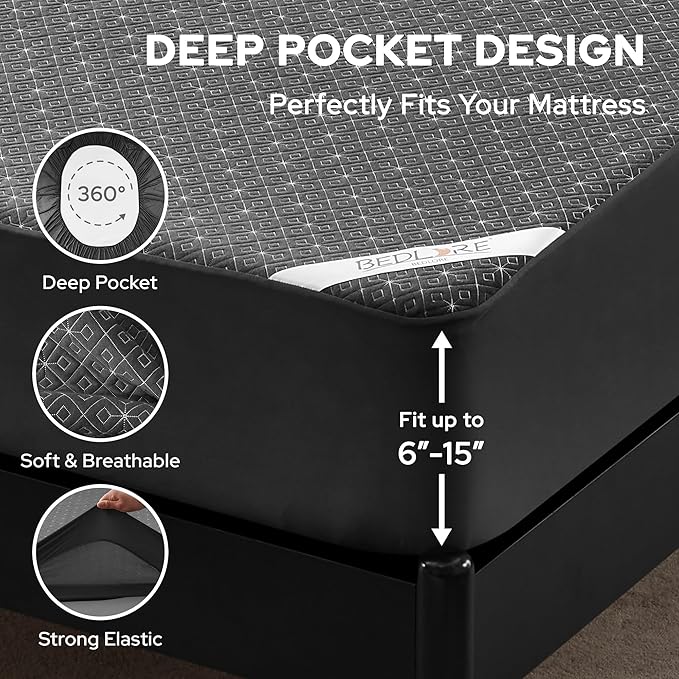 BEDLORE Full Size Mattress Protector, Waterproof Noiseless Mattress Cover with Stretchable Pockets for 6-15 inches Mattress, Soft Breathable Mattress Pad for College Dorm (Dark Gray)