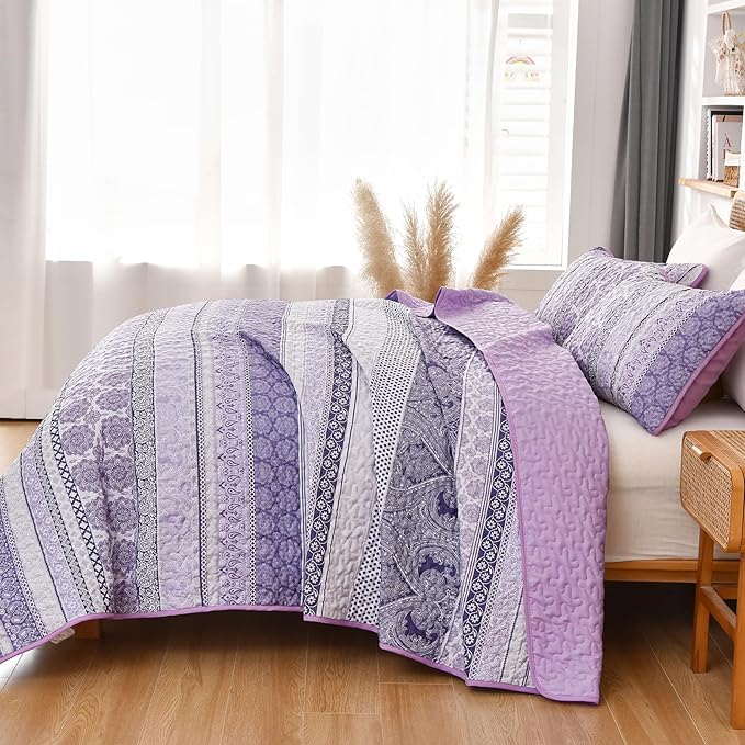 WONGS BEDDING Boho Quilt Set Queen Size, Purple Bohemian 3 Pieces Quilt Sets, Lightweight Bedspread Coverlet Bedding Set for All Season (96"x90")