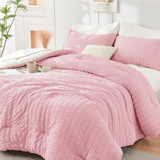 HYMOKEGE Pink/Ivory Twin Comforter Set Seersucker 5 Pieces, All Season Luxury Bed in a Bag for Bedroom, Bedding Set with Comforter, Sheets, Pillowcase & Sham