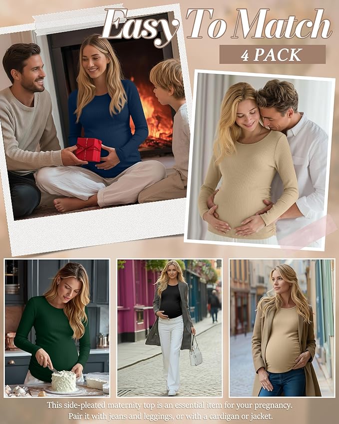 Huukeay 4 Pack Women's Maternity Shirts, Long Sleeve Cotton Ribbed Pregnancy Tops Side Ruched Crew Neck Casual Mama Clothes