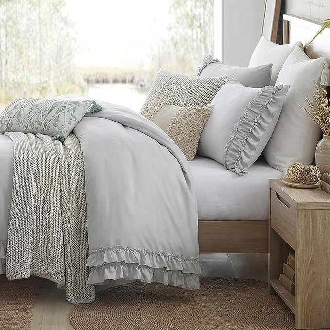 Bedorm Gray Duvet Cover Set Queen Ruffle Bedding Set Pleat Ruffled Shabby Chic Comforter Cover Extra Soft & Easy Care Gray Boho Duvet Cover with Zipper Closure