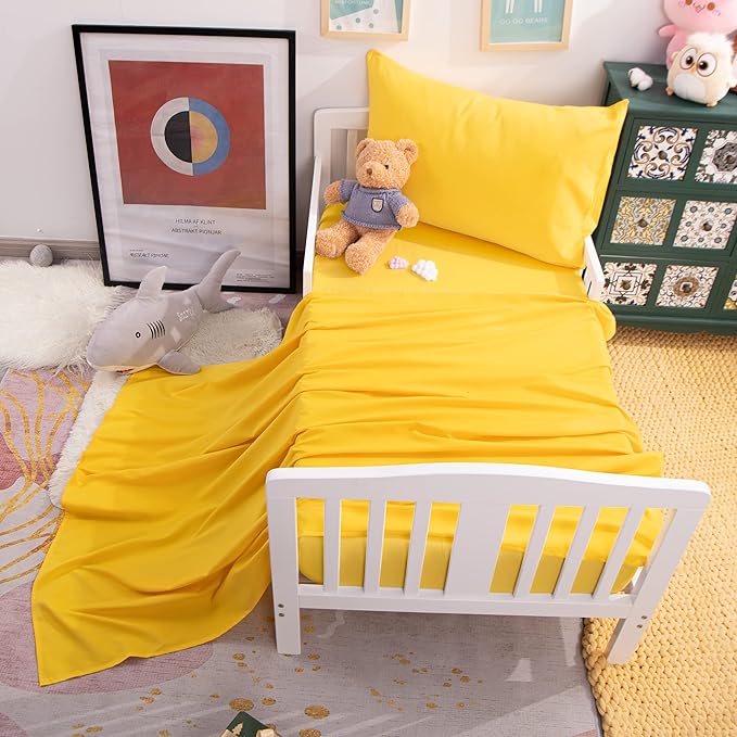 NTBAY Toddler Sheet Set - 3-Piece Microfiber Crib Sheet Set - Flat Sheet, Fitted Sheet, Pillowcase - Solid Toddler Bedding, Yellow