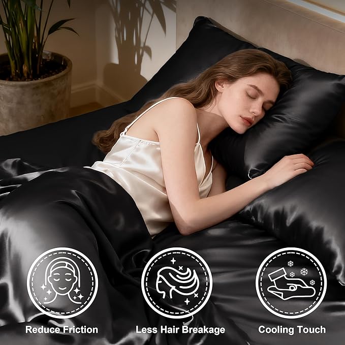 Love's cabin Twin XL Satin Sheet Sets - 3 Piece Black Silky Bed Sheets with Deep Pockets, Luxury Silk Feel Satin Sheet Set Twin XL (1 Flat Sheet,1 Fitted Sheet,1 Pillow case)
