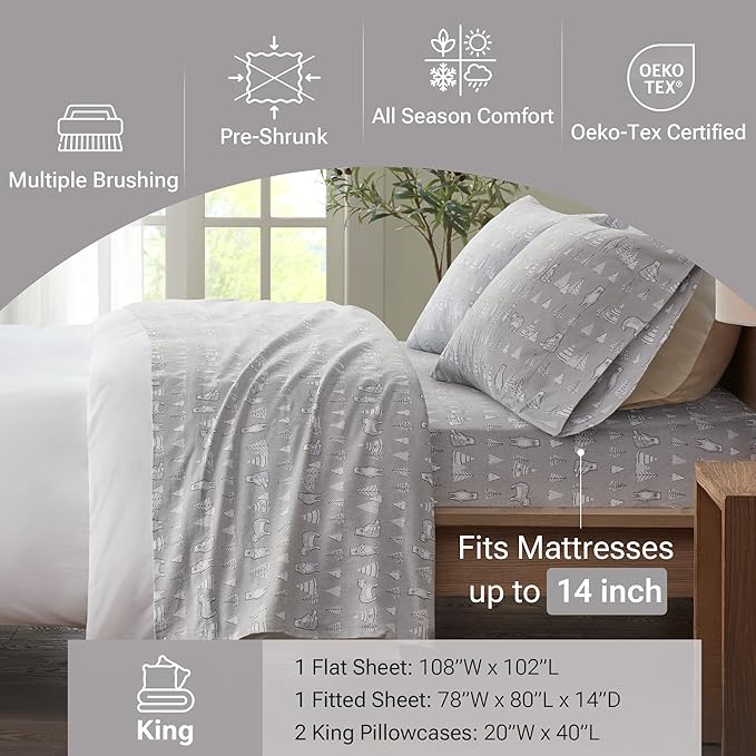 True North by Sleep Philosophy Cozy Flannel Warm 100% Cotton Sheet - Novelty Print Animals Stars Cute Ultra Soft Cold Weather Bedding Set, King, Bear 4 Piece