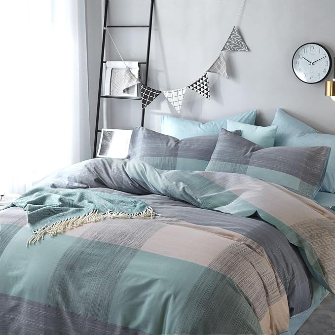 VM VOUGEMARKET Blue Patchwork Duvet Cover Set Queen Multi-Dimensional Design Modern Bedding Set Plaid Mint Green with Stripes Soft Cotton Comforter Cover with Zipper Closure-No Filling