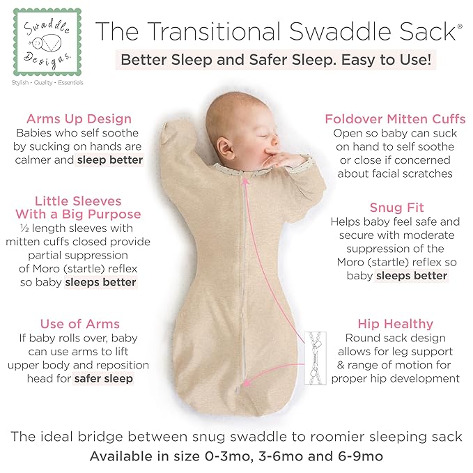 SwaddleDesigns Transitional Swaddle Sack, Arms Up Half-Length Sleeves & Mitten Cuffs, Swaddle for Newborn Transition to Baby Sleep Sack Wearable Blanket, Large, 6-9 Month, 21-24 lb, Heathered Oatmeal