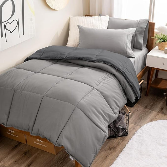 Bare Home Reversible Bed-in-A-Bag Comforter & Sheet Set - Twin Extra Long - Down Alternative - Soft - Bedding Set (Twin XL, Light Grey/Grey, Light Grey)