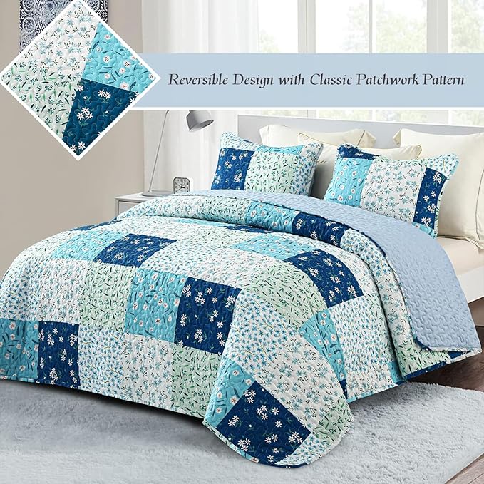 Whale Flotilla Patchwork Quilt Twin Size, Extra Soft Boho Floral Bedspreads for Bed Reversible Lightweight Twin Quilt Bedding Set Printed Coverlets with 1 Pillow Sham for All Seasons, Blue