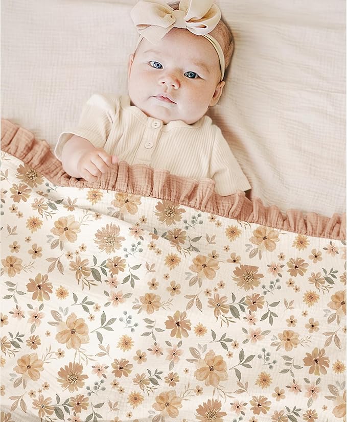 Konssy Flounce Muslin Baby Blankets, Cotton Crib Blanket for Baby Infant Toddler, Super Soft and Lightweight Nursery Blankets 40"x36" (Flourish)