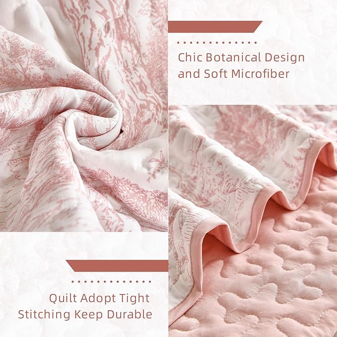 WONGS BEDDING Quilt Set King Size, 3 Pieces Pink Floral Plants Printed Bedspread Coverlet Set Soft Lightweight Microfiber Botanical Bedding Set for All Season (104"x90")