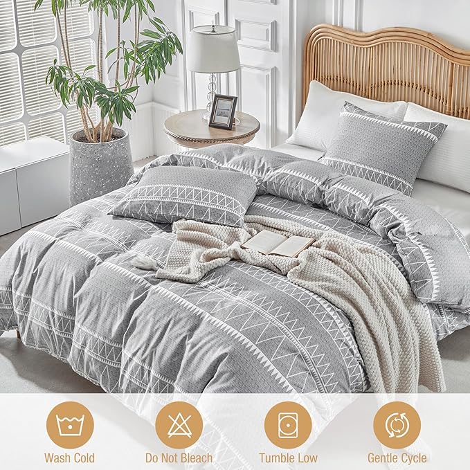 Lekesky Boho Grey Duvet Cover Full Size, 3pc Ultra Soft 100% Washed Microfiber Breathable Bedding Duvet Cover Set Full with Zipper Ties (1 Comforter Cover 80x90 +2 Pillow Cases)