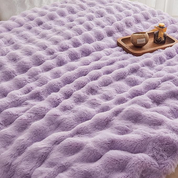 EMME Faux Fur Duvet Cover King Size, 3 Pieces Ultra Soft Fluffy Comforter Cover, Cozy Warm for Winter, Luxury Elegant Shaggy Bubble Design Bedding, 1 Duvet Cover & 2 Pillow Shams (King, Purple)