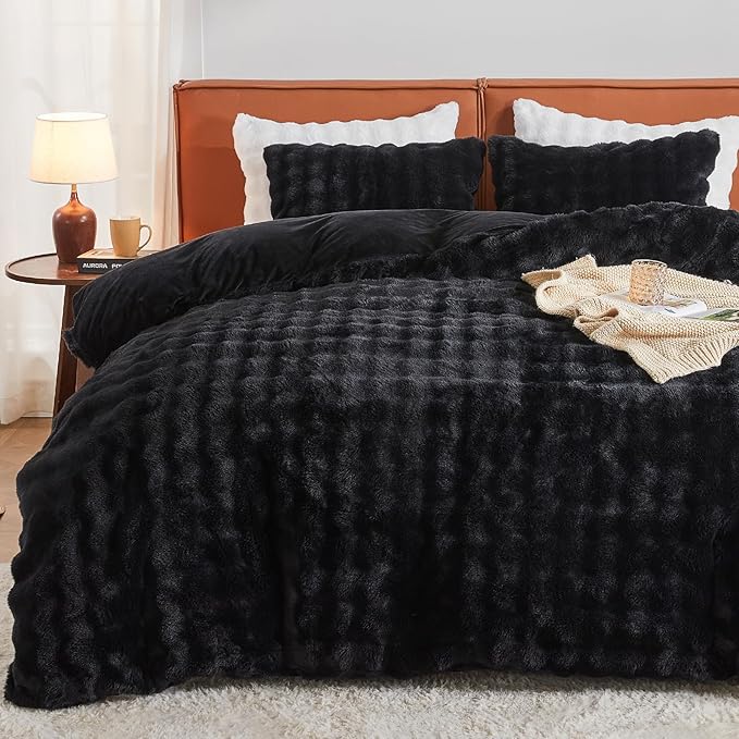 EMME Faux Fur Duvet Cover Twin Size, 2 Pieces Ultra Soft Fluffy Comforter Cover, Cozy Warm for Winter, Luxury Elegant Shaggy Bubble Design Bedding, 1 Duvet Cover & 1 Pillow Shams (Twin, Black)