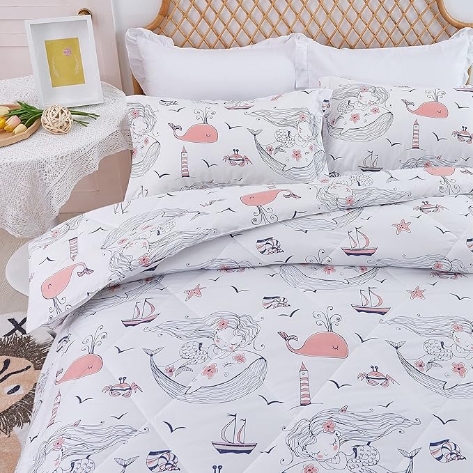JSD Mermaid Twin Comforter Set for Girls, 2 Piece Ocean Theme Microfiber Comforter with Pillow Sham, Lightweight All Season Washable