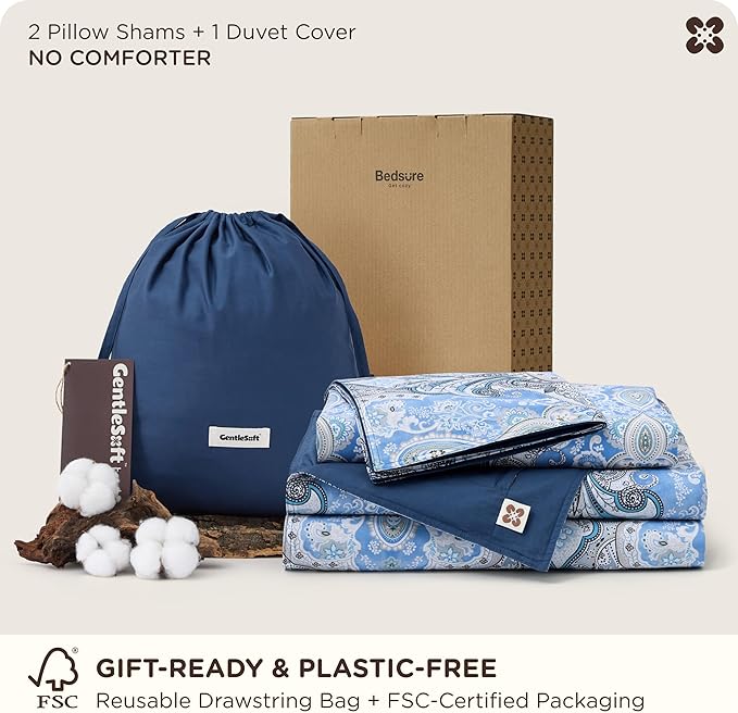 Bedsure 100% Cotton Reversible Paisley Damask Duvet Cover King Size - Classic Blue and White Pattern Comforter Cover with Zipper Closure & 2 Pillow Shams, No Comforter (Blue Paisley 104"x90")