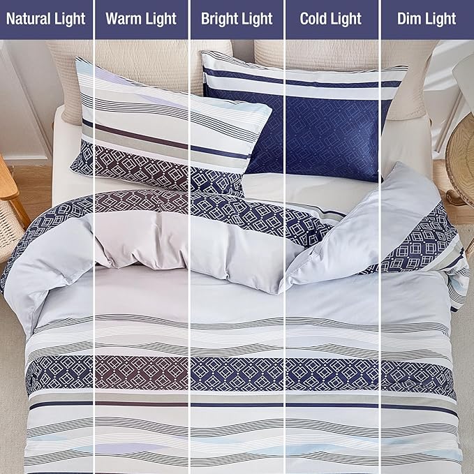 Lekesky Duvet Cover King, 3 Pieces Blue Striped Duvet Cover Set Soft Bohemian Bedding Aztec Comforter Cover Set King Size with Hidden Zipper & Corner Ties