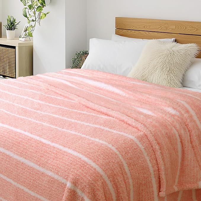 DEZ FURNISHINGS Oversized Cozy Knit Look Cloud-Soft Plush Printed Fleece Throw Blanket, Lightweight & Breathable, Queen (90" x 90"), Peach Pink Stripe