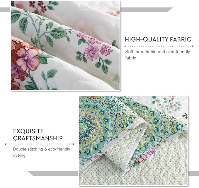 Travan 3-Piece Quilt Set Quilted Bedspread Lightweight Coverlet Set Garden Style Floral Printed Oversized Quilted Bedding Set with Shams for All Season, Exquisite, King Size