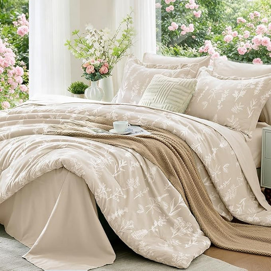 MUXHOMO Beige King Comforter Set, Elegant Floral Print Bed in a Bag 7 Pieces, Ultra Soft & Breathable Reversible Botanical Pattern Bedding Set with Comforter, Sheets, Pillowcases, and Shams
