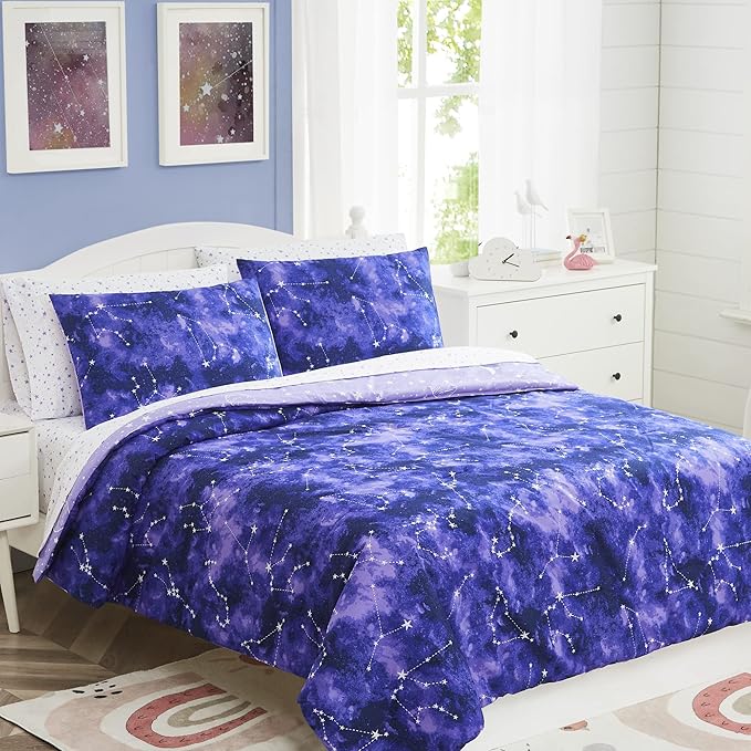 Full Kids Comforter Set - 7 Pieces Full Bedding Sets for Boys Girls Teen, Glow in The Dark Galaxy Bed in A Bag with Sheets