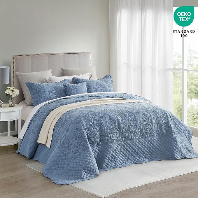 CHIXIN Bedspread Coverlet Set Queen Size - Lightweight Bedding Cover - Beautiful Stitching - 5 Piece Reversible Bedspread - Luxury Damask Paisley Pattern (Queen, Ashley Blue)