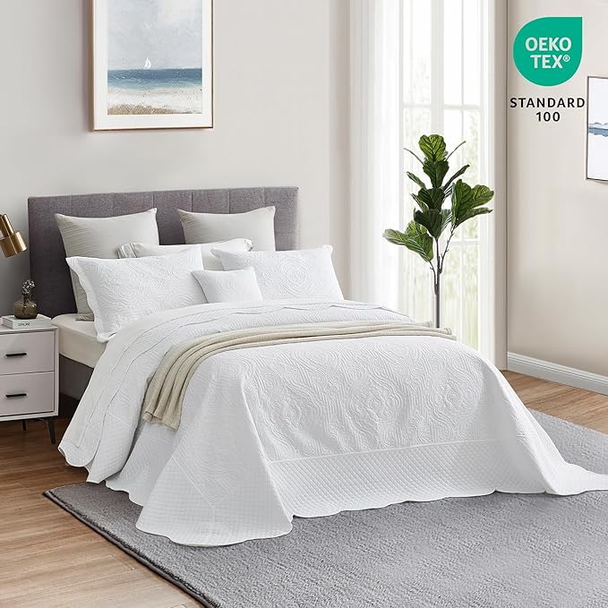 HZ & HY Oversized King Bedspread 128x120 Extra Wide, Ultrasonic Coverlet Bedding Set, Lightweight Thin Comforter, Reversible, 5 Piece, 100% Microfiber, White