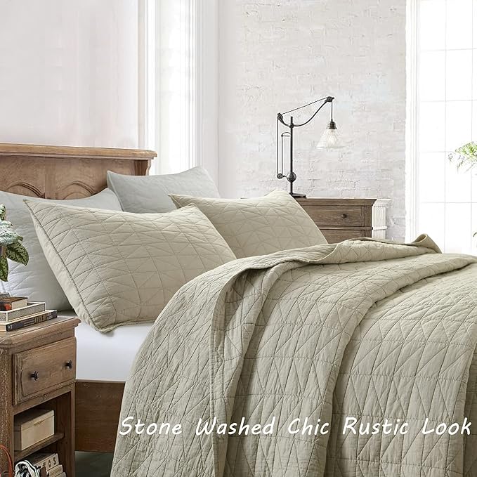 HORIMOTE HOME Quilt Set Queen Size, Stone-Washed Chic Rustic Beige Coverlet with Classic Triangle Stitched Pattern, Ultra Soft Lightweight Quilted Bedspread for All Season, 3 Pieces