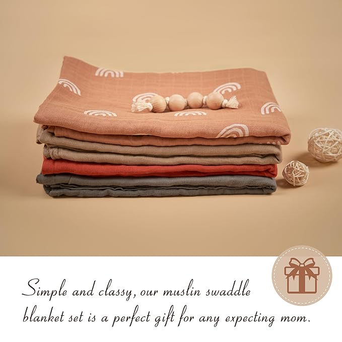 Meracorallo Muslin Swaddle Blanket, 4 Pack Rainbow Receiving Blankets Neutral Silky Soft Swaddle Wrap for Baby Boys and Girls, 47 x 47 inches