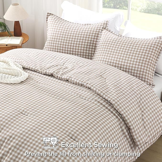 Andency Tan Gingham Comforter Set Full(79x90Inch), Brown Checkered Grid Plaid Buffalo Bed Set for Girls Boys Kids Teens, 3 Pieces Lightweight Microfiber Geometric Preppy Bedding