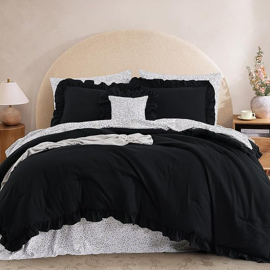 King Comforter Set - 7 Pieces Ruffle Black Bedding Sets, Shabby Chic Farmhouse Bed in a Bag King with Ruffle Comforter, Floral Sheets, Pillowcases & Shams