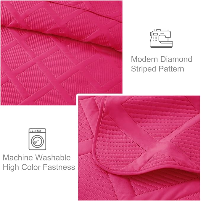 Exclusivo Mezcla Quilts Queen Size - Hot Pink Quilt Set Bedspread with 2 Pillow Shams, Modern Bedding Set with Striped Pattern, Soft Lightweight Bedspreads Queen Size for All Seasons