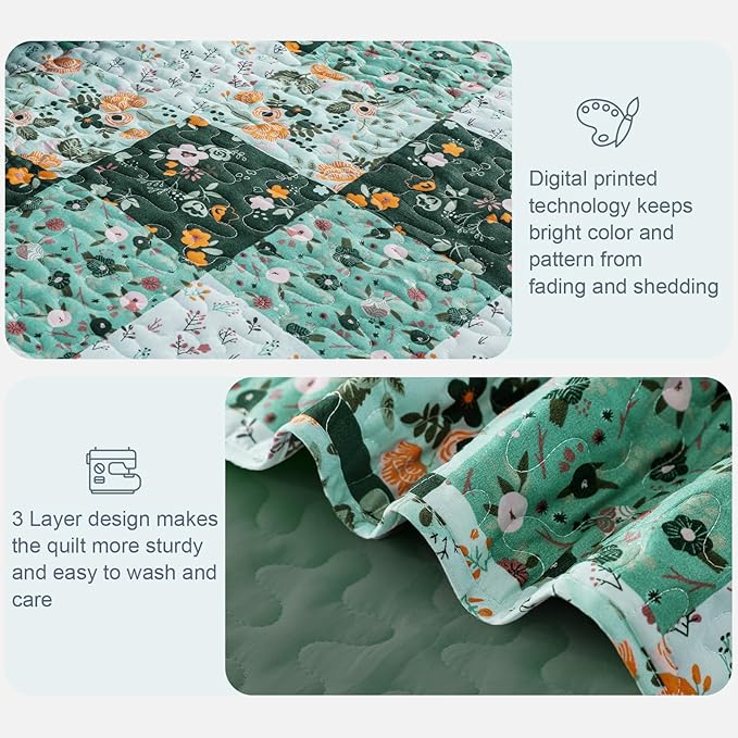 Exclusivo Mezcla Reversible Boho Quilts King Size, Green Bedspreads Lightweight Coverlet All Season Patchwork Quilt Bedding Set with Printed Floral Pattern (1 Quilt, 2 Pillow Shams)