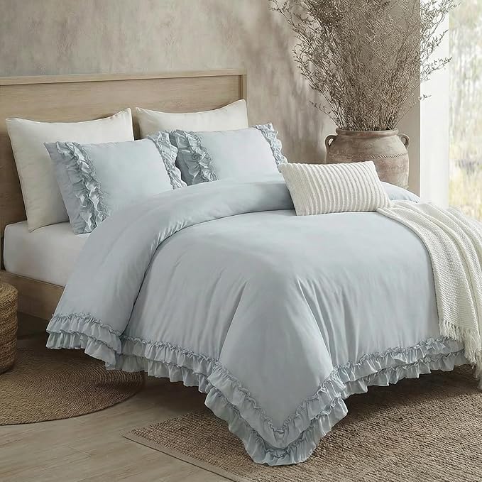 Bedrom Ruffled Queen Duvet Cover Set Blue Grey Bedding Set Shabby Chic Light Gray Boho Bedding Super Soft Lightweight Farmhouse Ruffle Duvet Cover Set for All Season