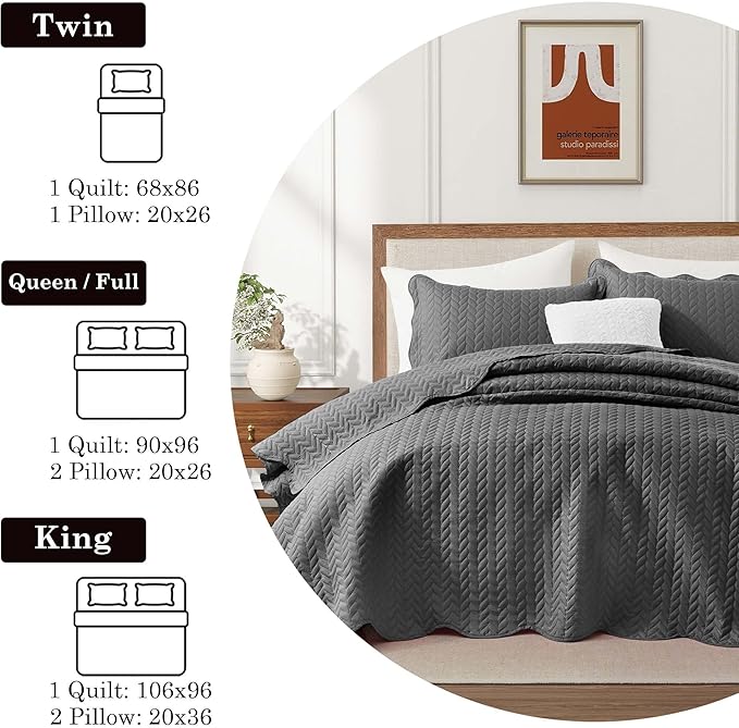 IR Imperial Rooms Queen Quilt Bedding Set (90" x 96") - Bulk Pack of 10 Wholesale for Hotels, Guest Bedroom & Airbnbs - Lightweight Microfiber Reversible Embossed Quilts Bedspreads (Grey)