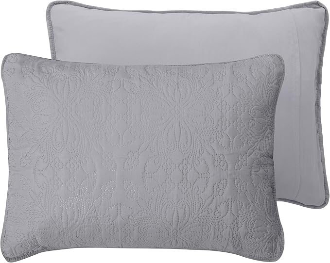 Easy-Going Twin Size Reversible Quilt Set with 1 Quilt and 1 Pillow Sham, Soft Bed Quilt Cover, Water Resistant Lightweight Microfiber Bedspread, Stain Resistant, Damask-Light Gray/Ivory