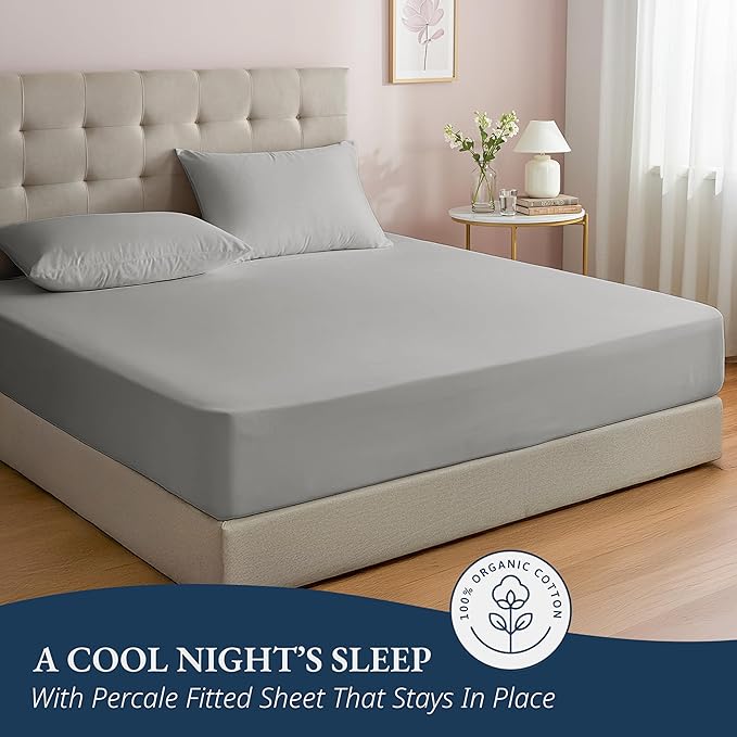LANE LINEN 100% Organic Cotton Fitted Sheet Full Size, 3Pc Set (1 Fitted Sheet, 2 Pillowcases), Percale Weave, Full Bed Fitted Sheets, Breathable, Fits Mattress Upto 15' Deep - Silver(No Flat Sheet)