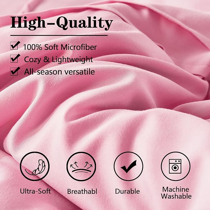 Yogeneg Queen Comforter Set 7 Piece Bed in a Bag,Grid Pinch Pleat Pink Bedding Set,Striped Textured Soft Microfiber Comforter with Sheet Set,All Season Complete Bed Set(Pink,Queen)