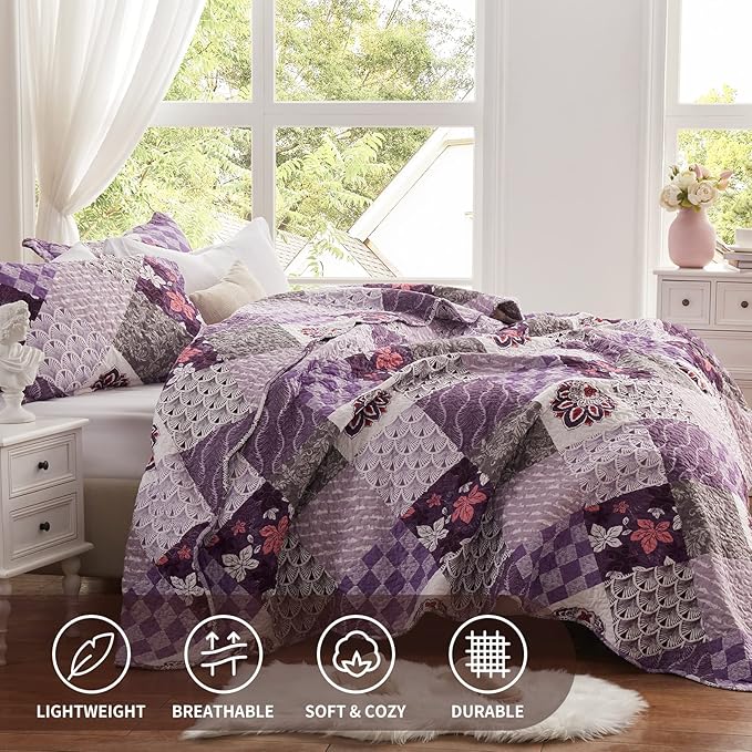Full/Queen Size Quilt Set 3 Piece Lightweight Reversible Bedspread-90''x98'' Soft Patchwork Floral Coverlet Luxurious Warm Microfiber Bed Cover All Seasons Purple Bedding Set(1 Quilt,2 Pillow Shams)