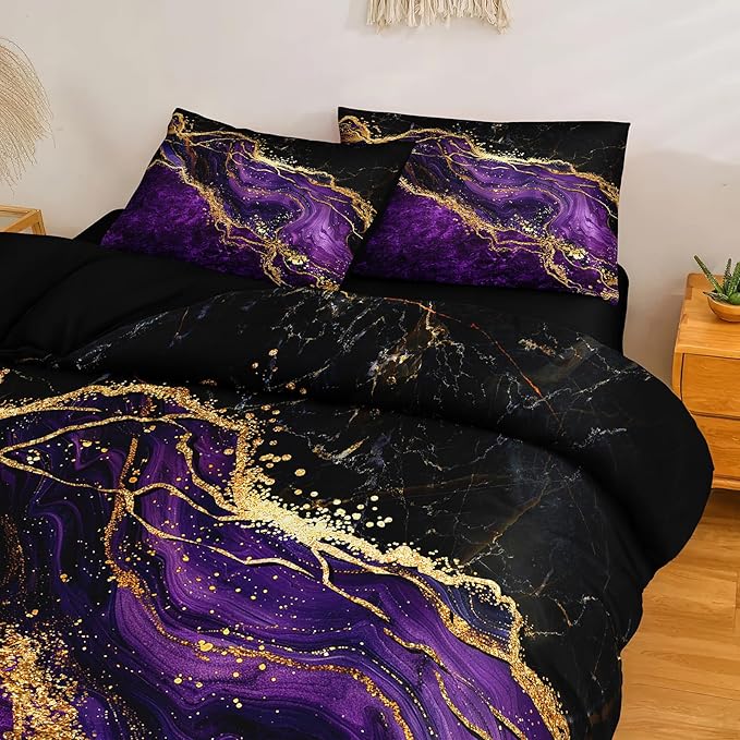 Black Gold Comforter Set - 6 Pcs Purple Marble Bedding Set Twin Size Bed in A Bag - Stone Texture Abstract Room Decor - Purple and Black