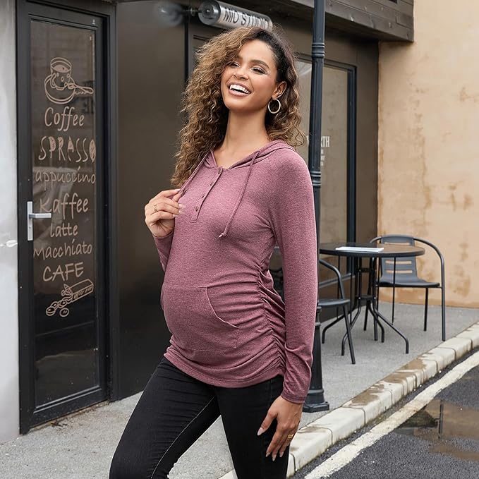 Bhome Maternity Hoodies Button Front Drawstring Hooded Shirt Long Sleeve Pullover Lightweight Sweatshirt with Kangaroo Pocket