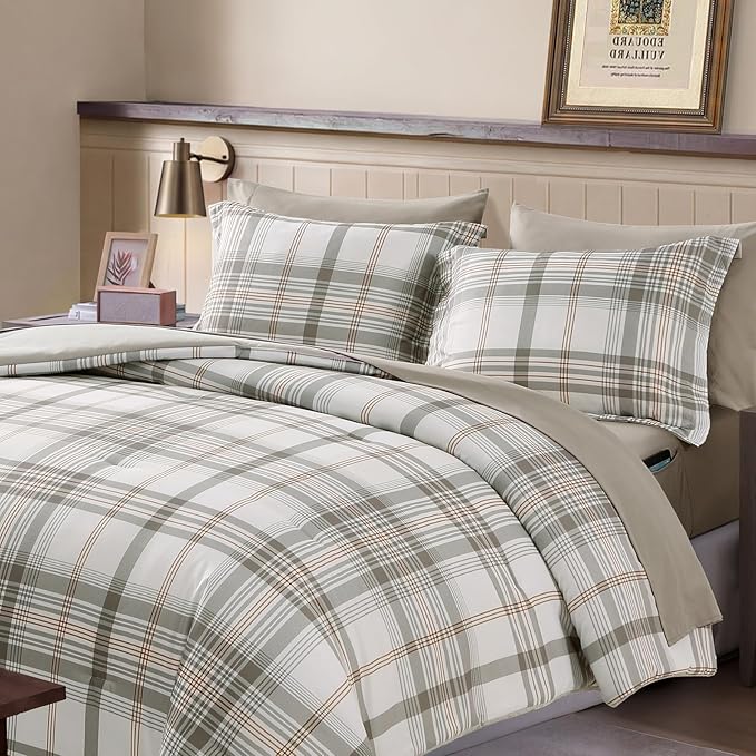 Twin XL Comforter Set Grey White, Plaid Bedding Set 5 Pieces for Boys Girls Teen, All Season Lightweight Bed in a Bag for Dorm with Sheets, Pillowcase & Sham