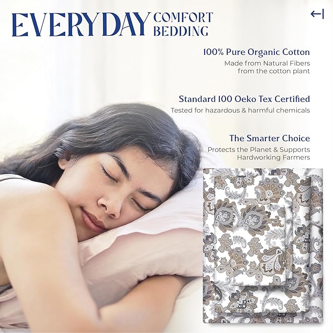 Mayfair Linen 100% Organic Cotton Printed Sheets Queen Size - 4 PC Organic Cotton Percale Sheets Queen Set (Floral Ivory), Cooling & Breathable Bedsheet, 16" Deep Pocket Hotel Bedding - GOTS Certified