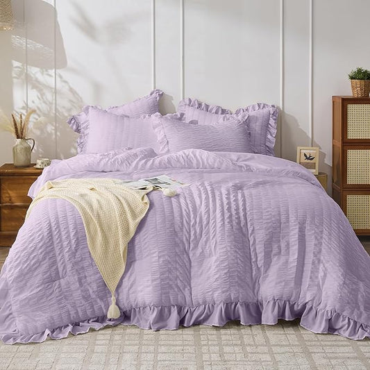 JOLLYVOGUE Lavender Queen Comforter Set, 3 Pieces Seersucker Comforters Queen Size, Lightweight & Fluffy Bedding Sets Queen for All Season with 1 Ruffle Comforter and 2 Ruffle Pillowshams