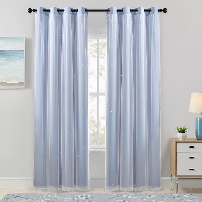XiDi Light Blue Blackout Curtains for Girls Bedroom Living Room 84 Inches Long 2 Panels Star Curtains Boys Kids Room Darkening Thermal Insulated Drapes Grommet Noise Reduction Window Treatments 52x84
