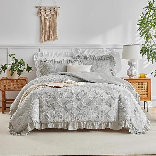 Tufted Grids Ruffle Comforter Set King Size, 3 Pieces Light Grey Vintage Farmhouse Shabby Chic Comforters, Jacquard Boho Bohemian Bedding Set for All Season (1 Ruffled Comforter+ 2 Pillow Shams)